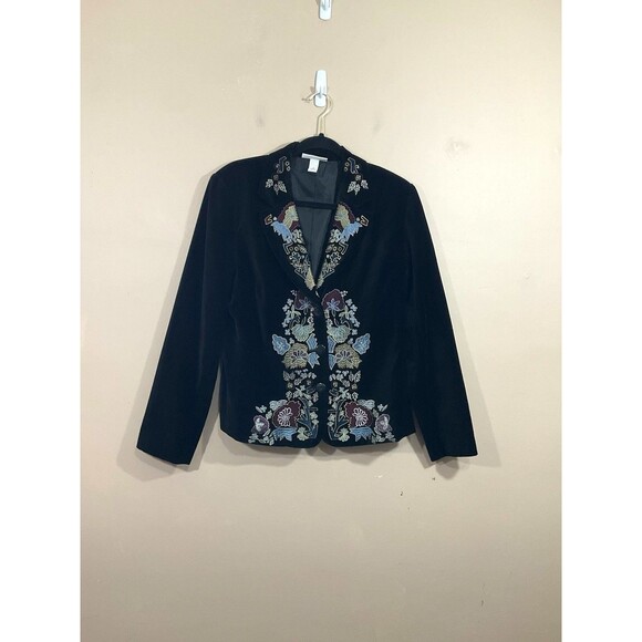 VTG Womens Embroidered Floral Velvet Blazer M Black Y2K Whimsigoth Cottage Witch - Picture 1 of 6